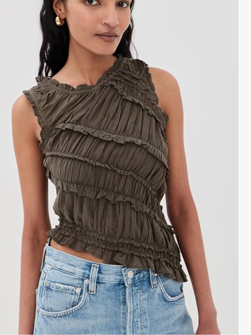 C.New $78 Free People Women's Pink Sands Smocked Top Olive Ruffled Sleeveless